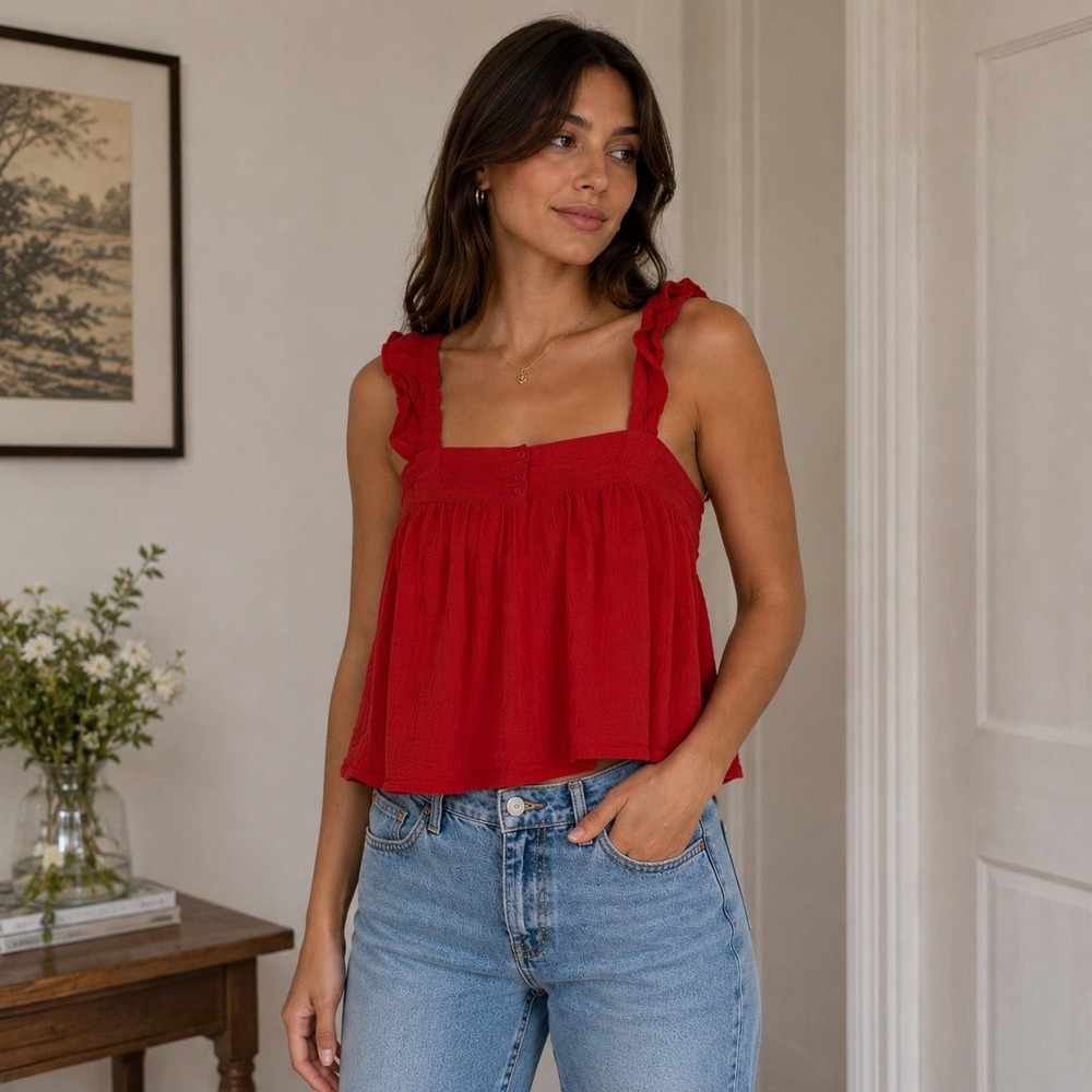 Maurices Red Babydoll Tank Top Floral Embroidered Ruffle Strap‎ Sleeveless Small